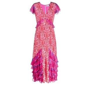 Rixo Thanvi Printed Silk Maxi Dress Size M US 8 Women Ruffle Trim